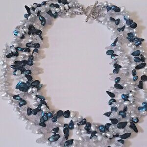CGI CN 925 Blue Gray Clear Pearl 4 Strand Necklace 925 Silver Clasp